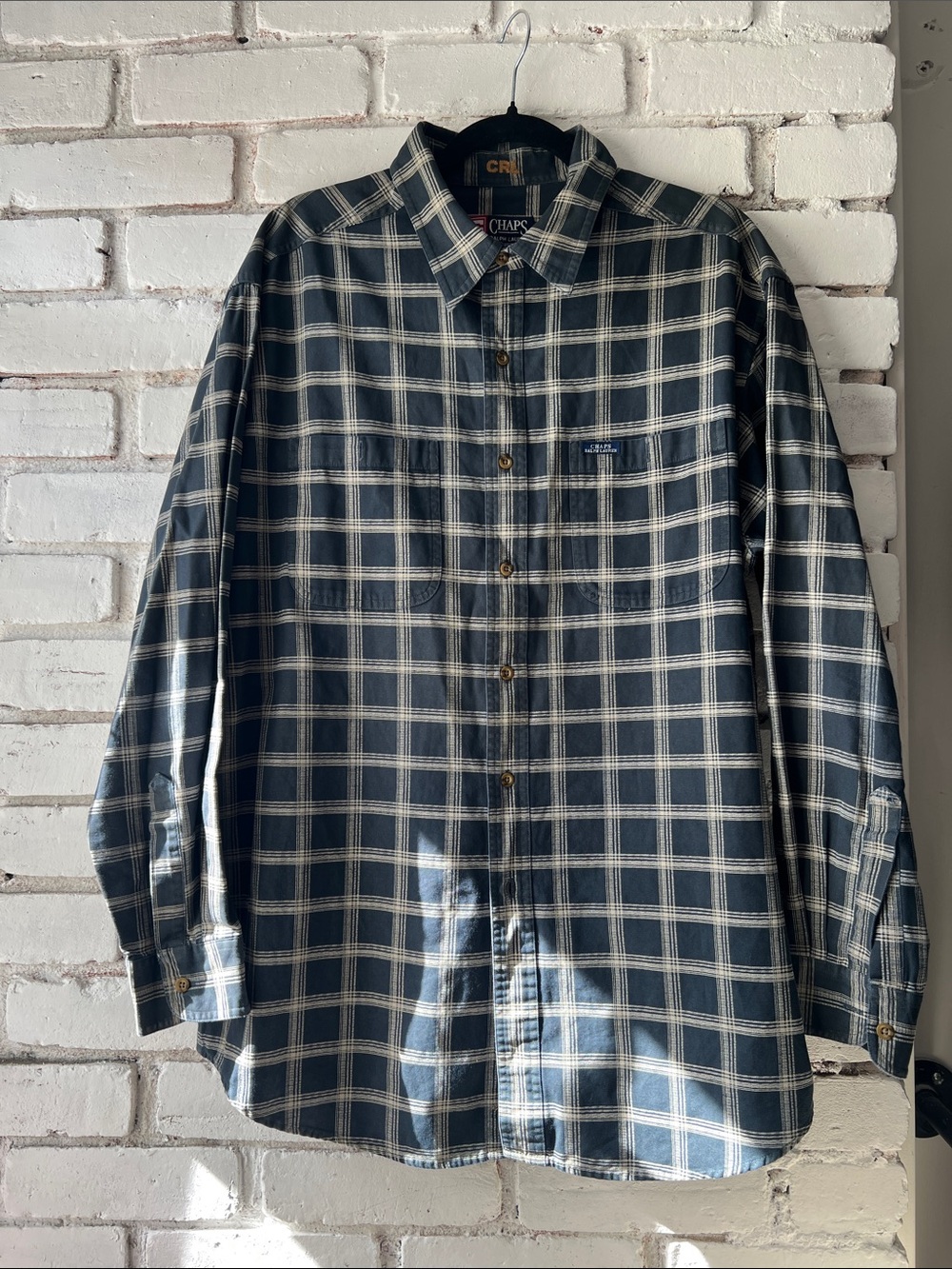 Chaps Green and Cream Casual Button Down Shirt plaid structured grid plaid